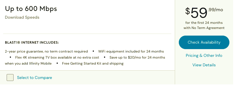 screenshot of Xfinity Offer page for the 600 Mbps internet plan.